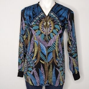 Bob Mackie black blue purple foliage kaleidoscope 1/3 zip blouse XXS